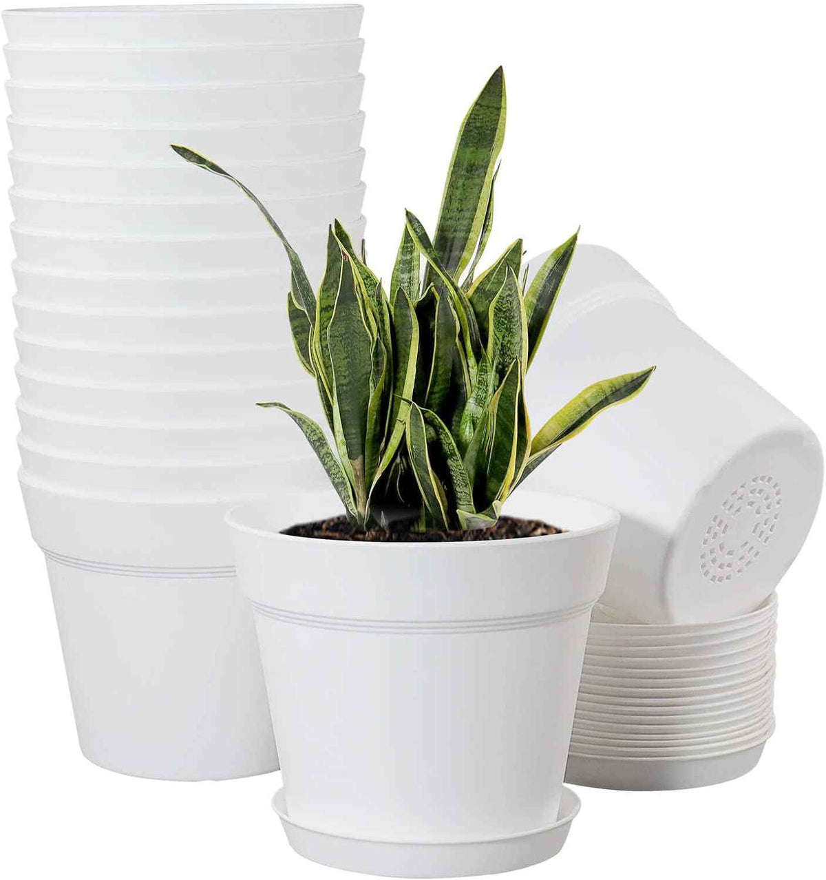 WOUSIWER 16 Pack 6 inch Plastic Planters for Indoor Flower Pots, Heavy Duty and Stylish 6 Inch Plant Pots for Indoor Plants with Drainage Holes and Tray for Plants, Flowers, White