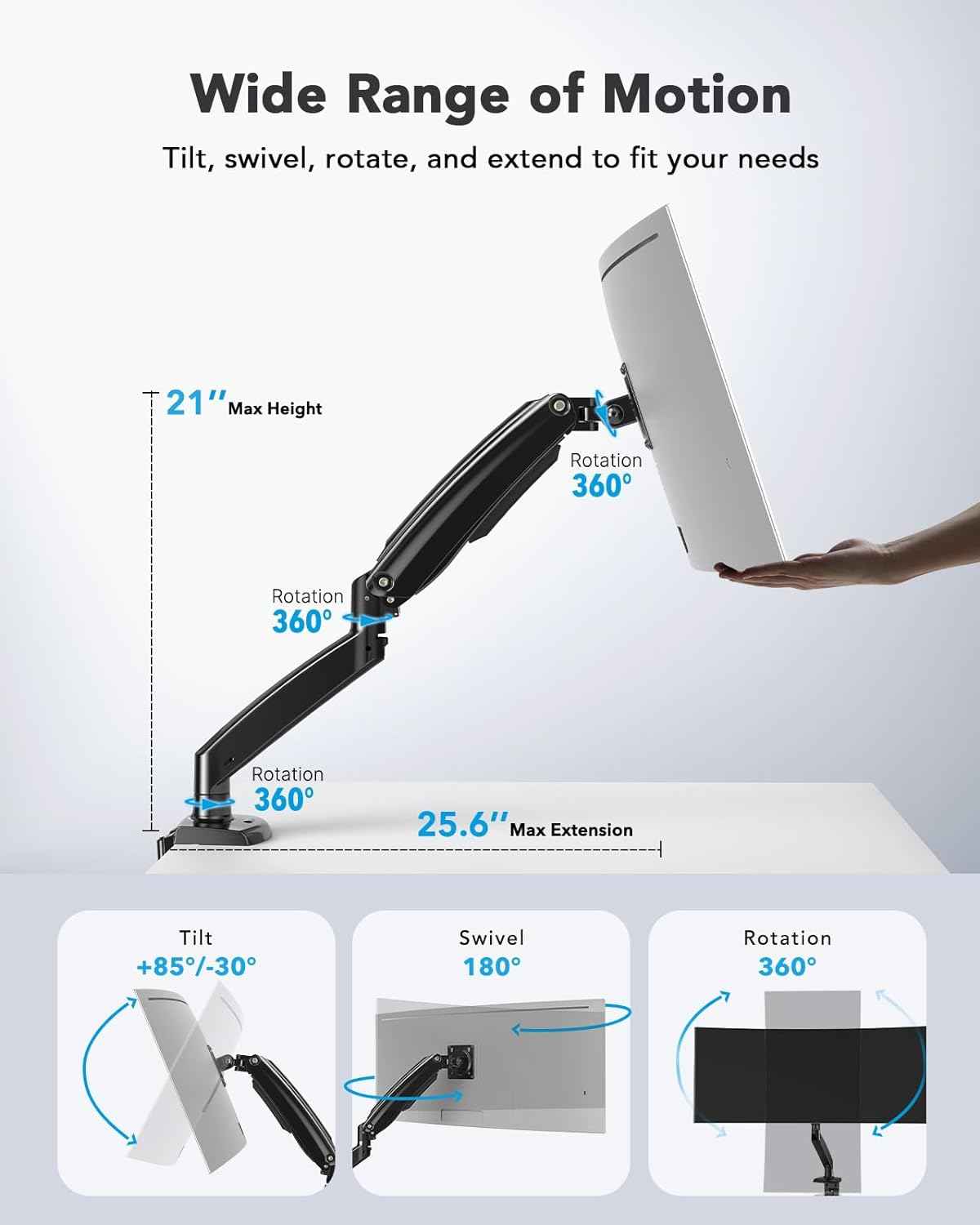 HUANUO Single Monitor Arm for 13-49 inch Screens, Ultrawide Computer Monitor Mount Holds 26.48 lbs, Upgraded Adjustable Stand with USB, C-Clamp & Grommet Base, VESA 75x75 or 100x100mm