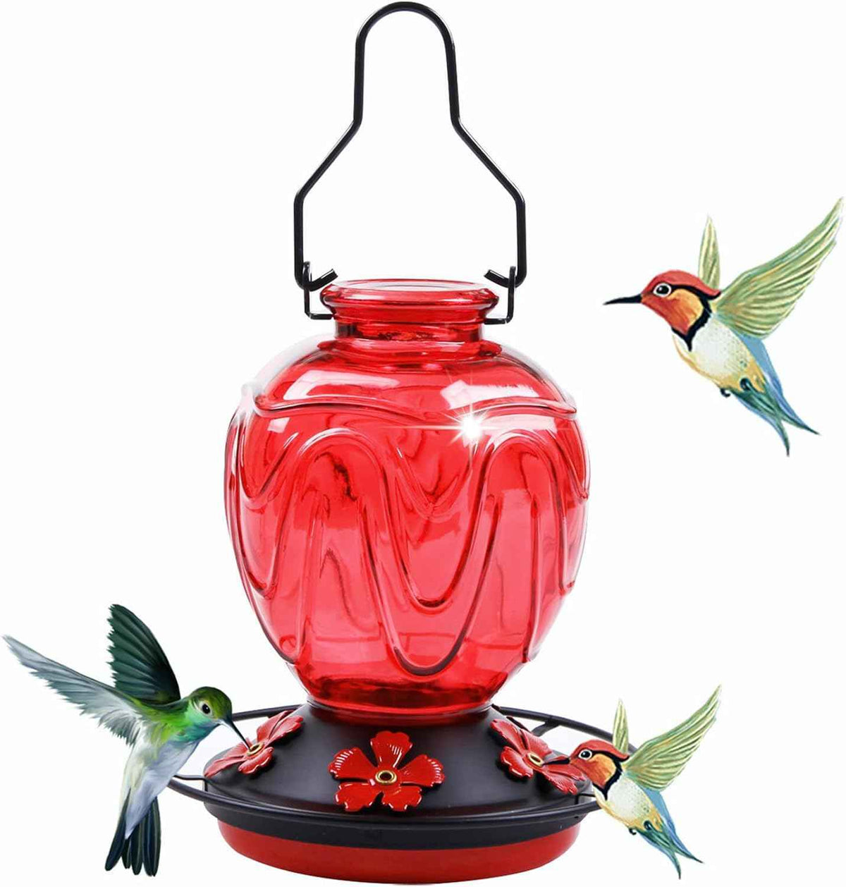 Glass Hummingbird Feeder for Outdoors Hanging, 24Ozs Humming Bird Nectar Feeder w/Perch, 5 Flower Feeding Ports, Leak Proof Base and Hook for Outside Garden Backyard Decor, Gifts for Women Mom, Red