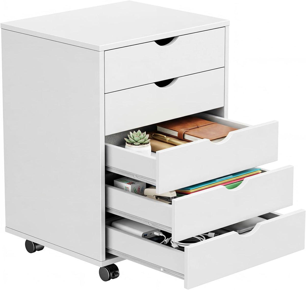 Mobile File Cabinet Under Desk, 5 Drawer Storage Organization | Printer Stand with Wheels, Vertical Filing Chest Rolling Wood Small Desk Printer Stand for Home Office, Living Room, White - Field & Nook