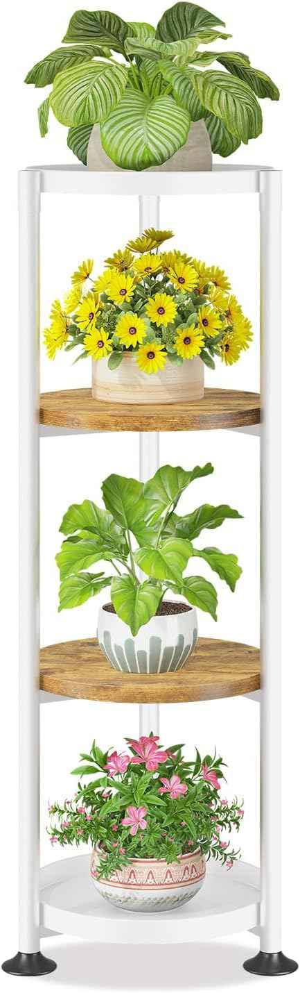 LASZOLA 4 Tier White Plant Stand Indoor for Large Tall Heavy Duty Flower Planter, Metal Vertical Multi Level Rack for Narrow Floor Corner, Sturdy Round Holder Organizer, Modern, Mid Century, Farmhouse