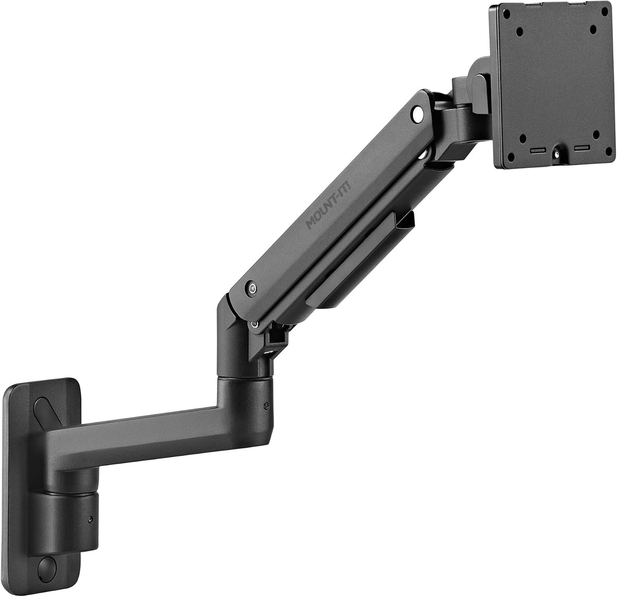 Mount-It! Heavy-Duty Wall Mount Arm for 49" Curved Monitors | Gas spring full motion arm, 23.5" reach, holds 44 lbs, VESA 75/100, single-stud install. - Field & Nook