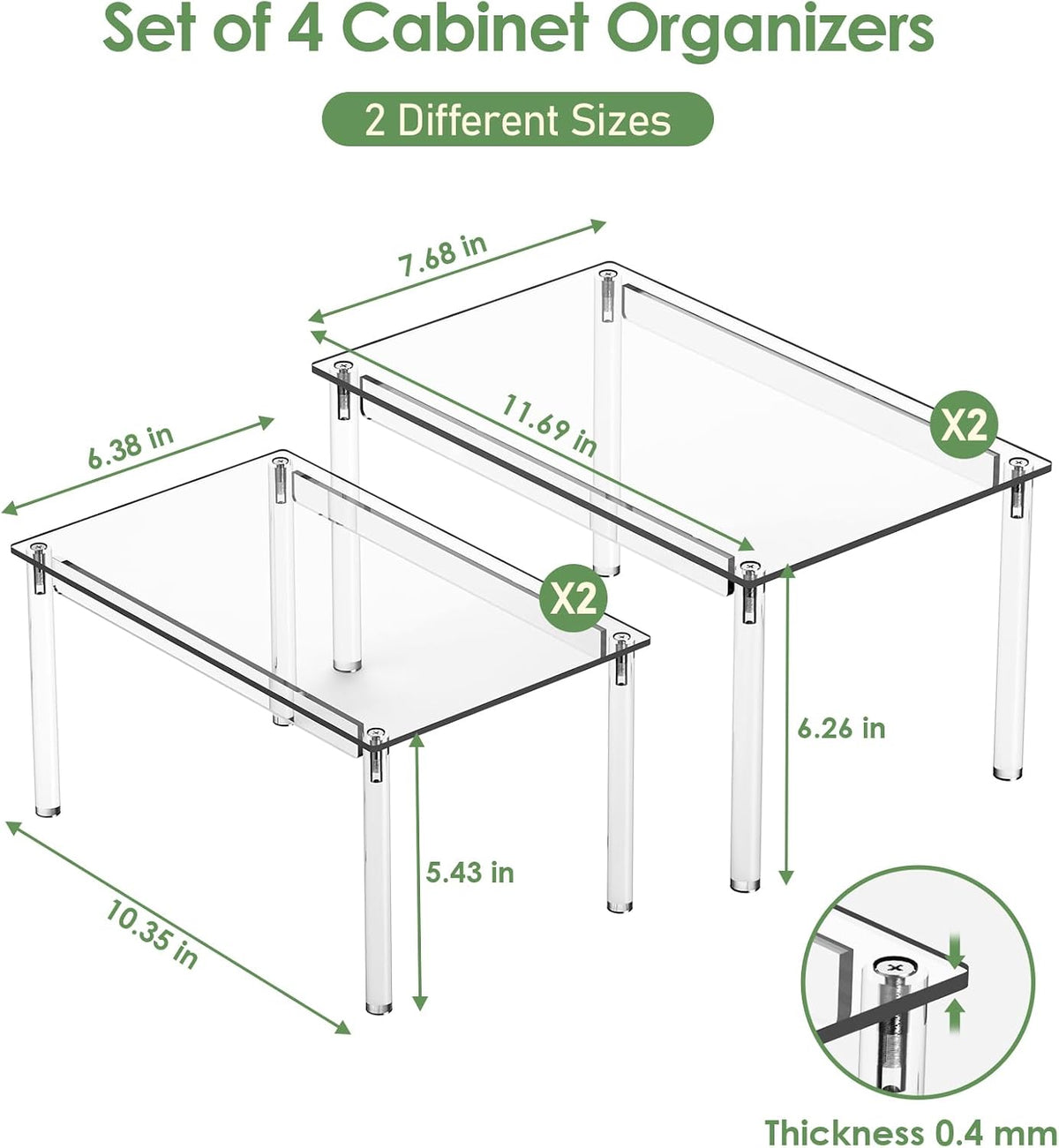 Delamu Cabinet Shelves, Clear Stackable Acrylic Storage Risers with Heavy Duty Support, Cabinet Organizer Shelf for Spices, Seasonings, Jars, Pantry, Kitchen Counter, Easy Assembly - Field & Nook