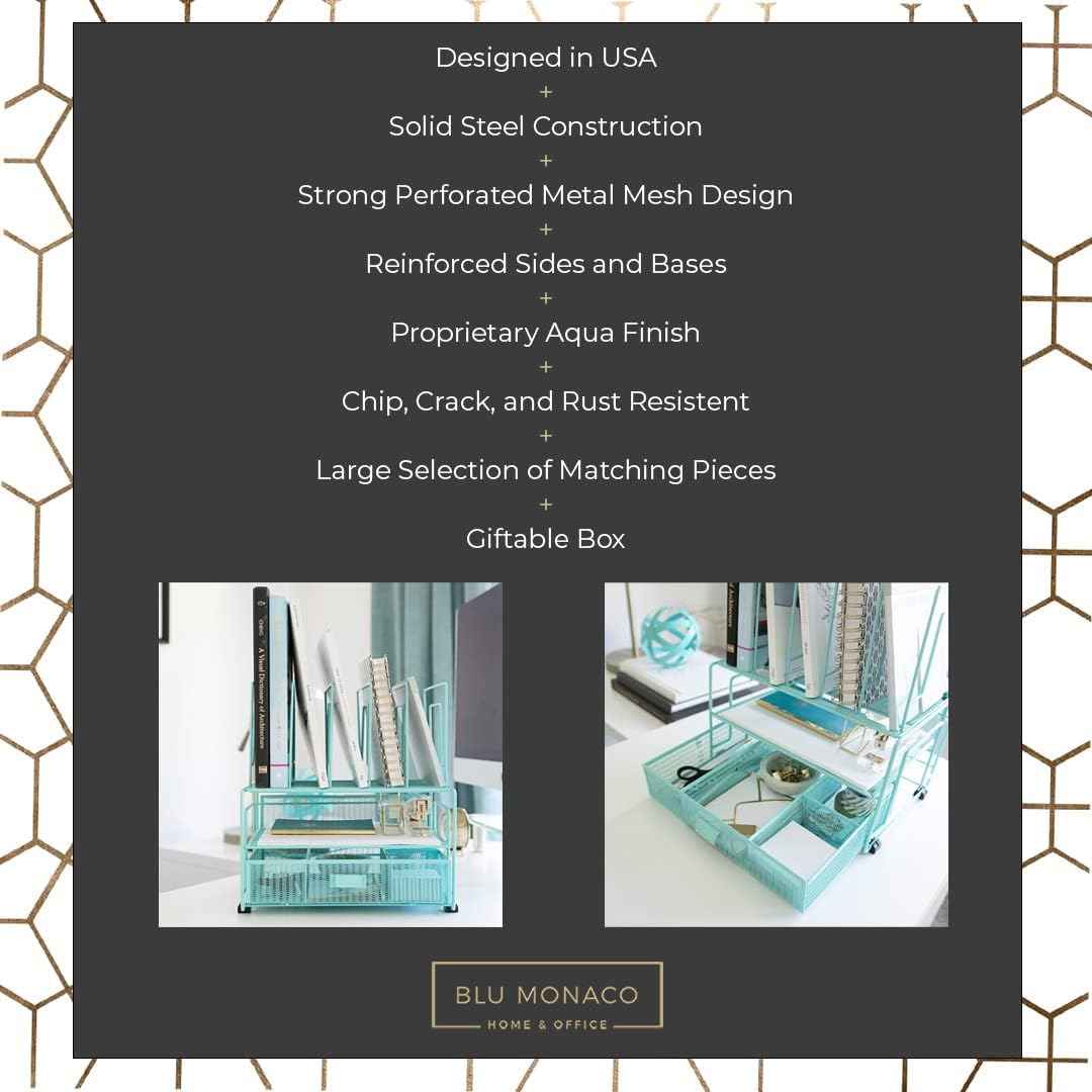 BLU MONACO Mint Green Desk Organizer With File Sorters and Drawer | Metal Mesh Desktop Storage for Office Supplies, Papers, Devices and Folders | 9.3”D x 12.5”W x 14”H All-In-One Workspace Holder