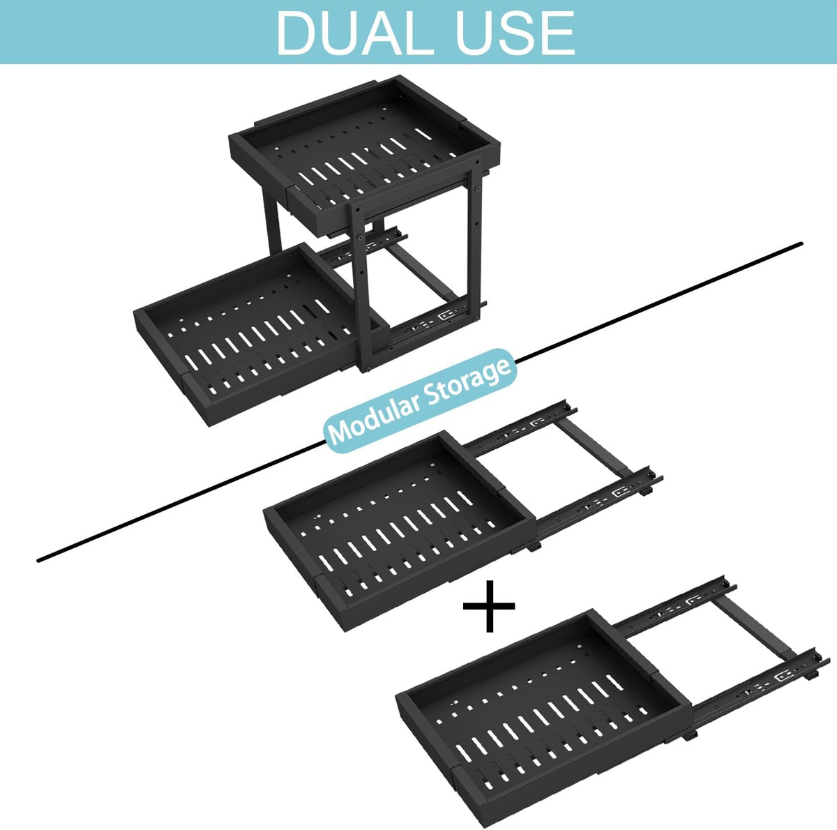 2-Tier Expandable Pull Out Cabinet Organizer, 16"D, Black