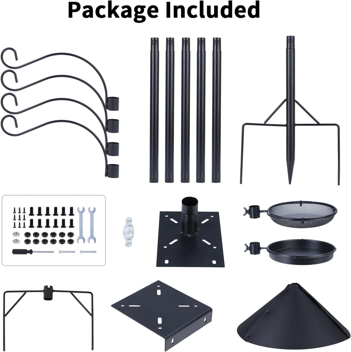4 in 1 92 Inch Bird Feeder Pole with Squirrel Baffle | With Bath, Food Tray, 4 Hooks and Holds Cage, Metal, For Outdoors, Heavy Duty, Weatherproof