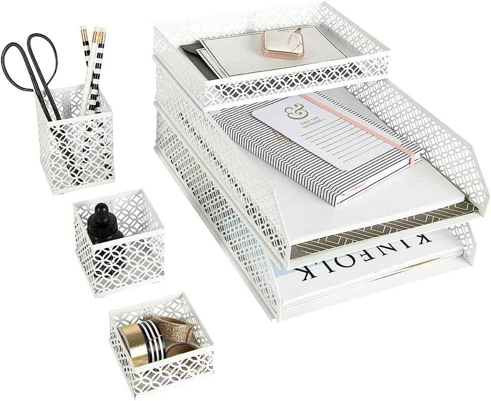 BLU MONACO | White Desk Organizer Set | 6 Piece Metal Desk Organizer with Pen Cup, Accessory Trays, and Letter Trays | Desk Organizers and Accessories for Office