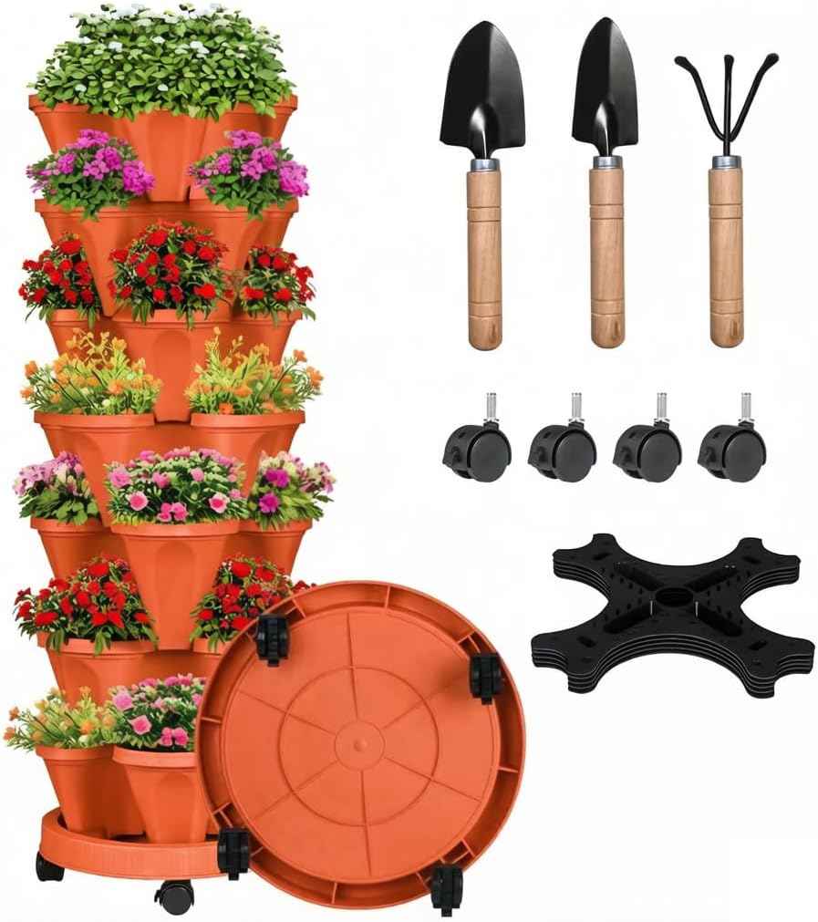 7 Tier Vertical Strawberry Planter-Tower Stackable Herb Planter Stacking Garden Planters Pot Outdoor with Tools Mover for Growing Flowers, Vegetables and Succulents, Red