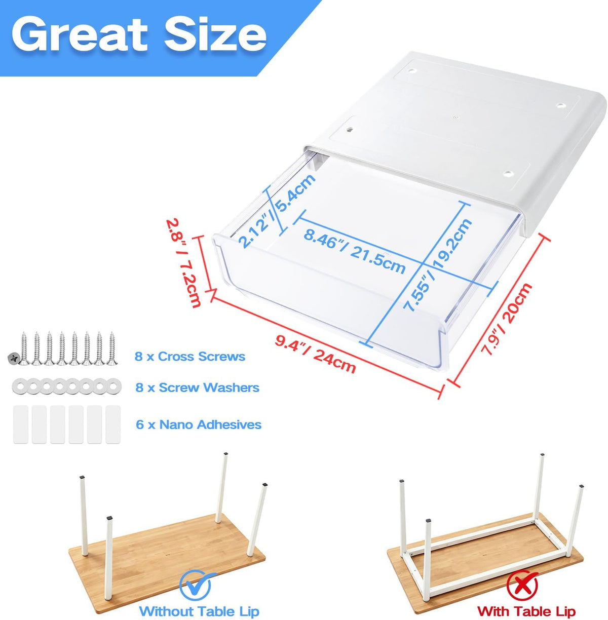 OSPNIEEK Self-adhesive Under Desk Drawer Organizer, 2 Pack Table Hidden Slide Out Large Storage Mounted Desktop Pencil Holder Tray Drawers for Office Home School Stationery Kitchen (Large, White) - Field & Nook