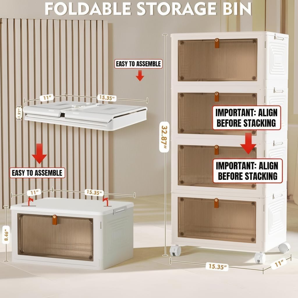 YFXCVSL 4 Tier Plastic Storage Bins with Lid 23QT, Stackable Storage Bins | Plastic Storage Bins with Wheels, Folding Storage Boxes, Organizers and Storage for Living Room,Office,Dorm - Field & Nook