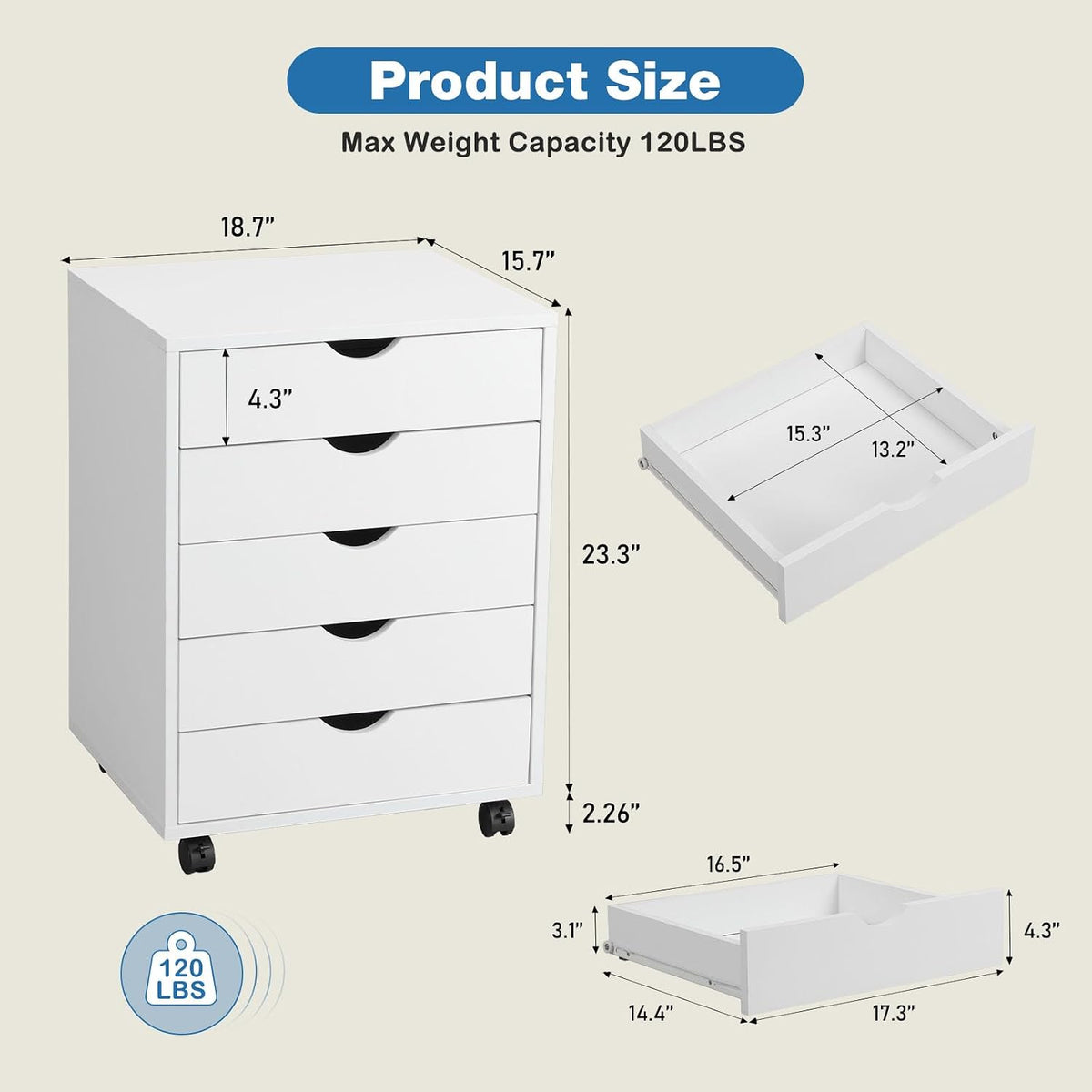 OLIXIS 5 Drawer File Cabinet on Wheels, Printer Stand | Fits Under Desks, Wood Storage Organization Holds Printer, Office Supplies, Not For Hanging Files, For Home Office Use White - Field & Nook