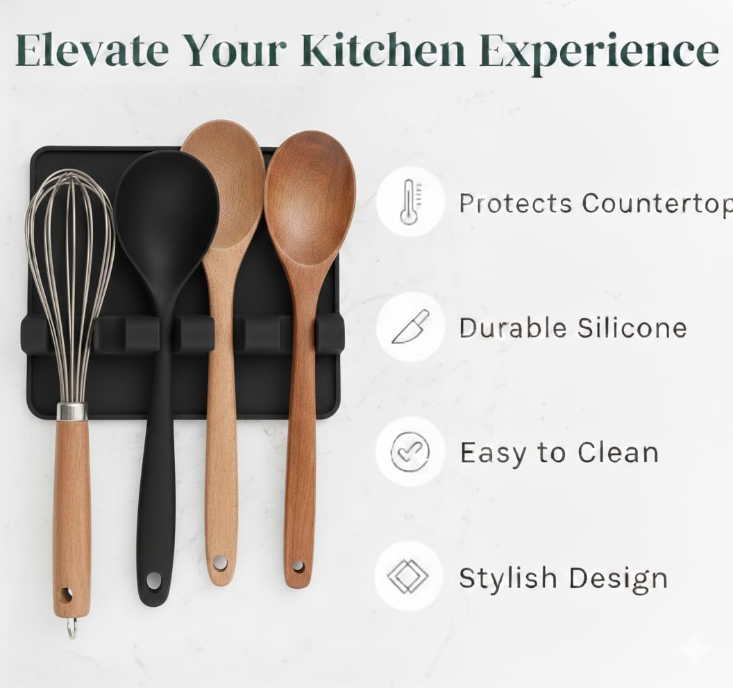4-Slot Silicone Utensil Rest with Drip Pad – Black