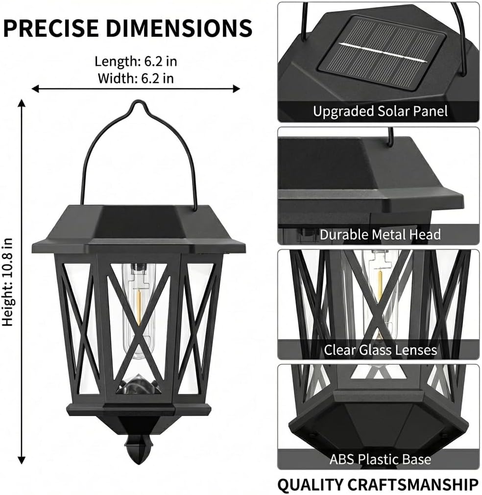 Solar Hanging Wall Lanterns – 2 Pack, LED, Glass Shade, Black