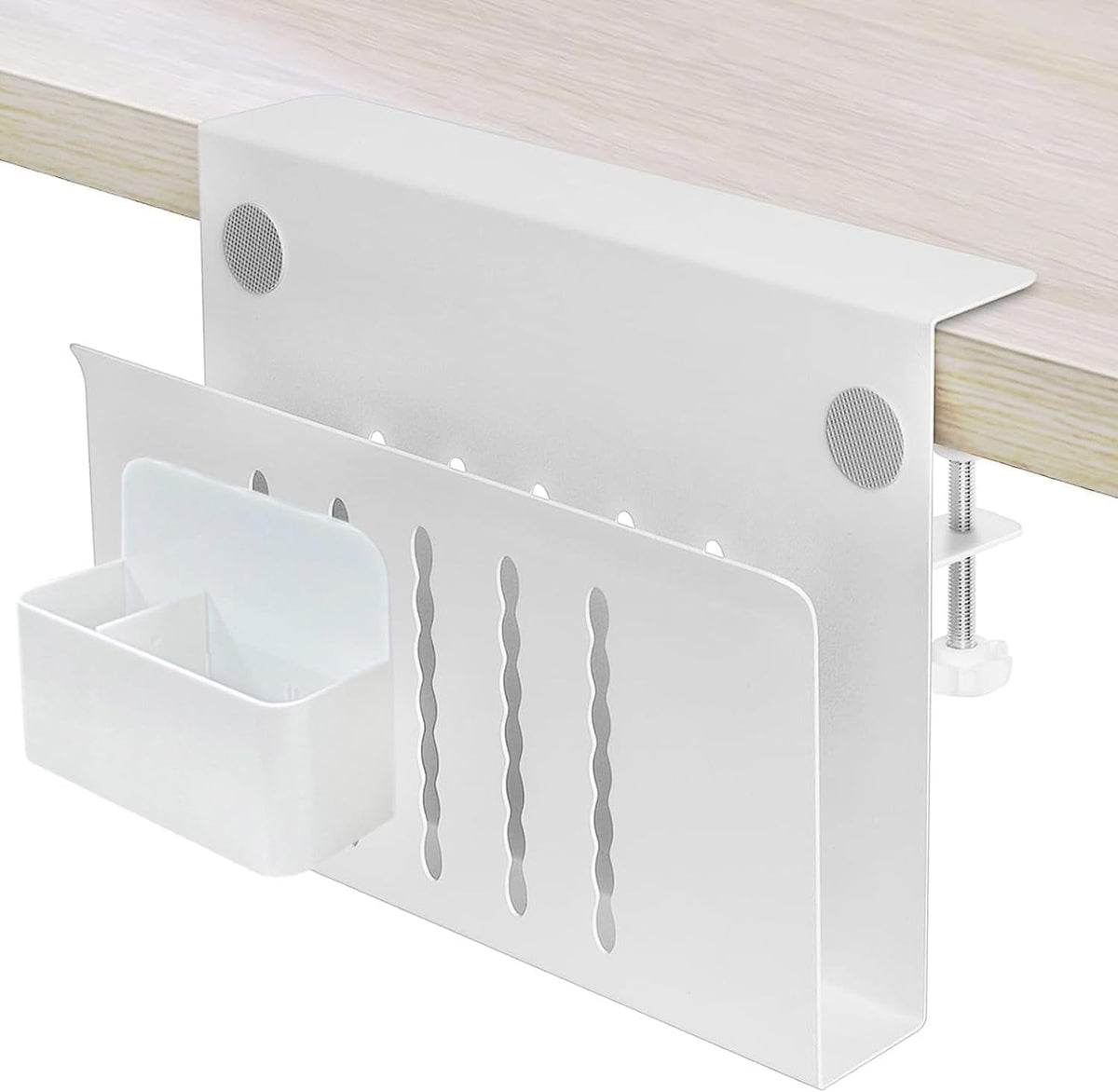 Desk Side Storage, Under Desk Hanging Storage | Standing Desk Organizer with Magnetic Pen Slot, No Drill Clamp to 0.5-2.38" Desks, 22 Lbs Carbon Steel (White) - Field & Nook