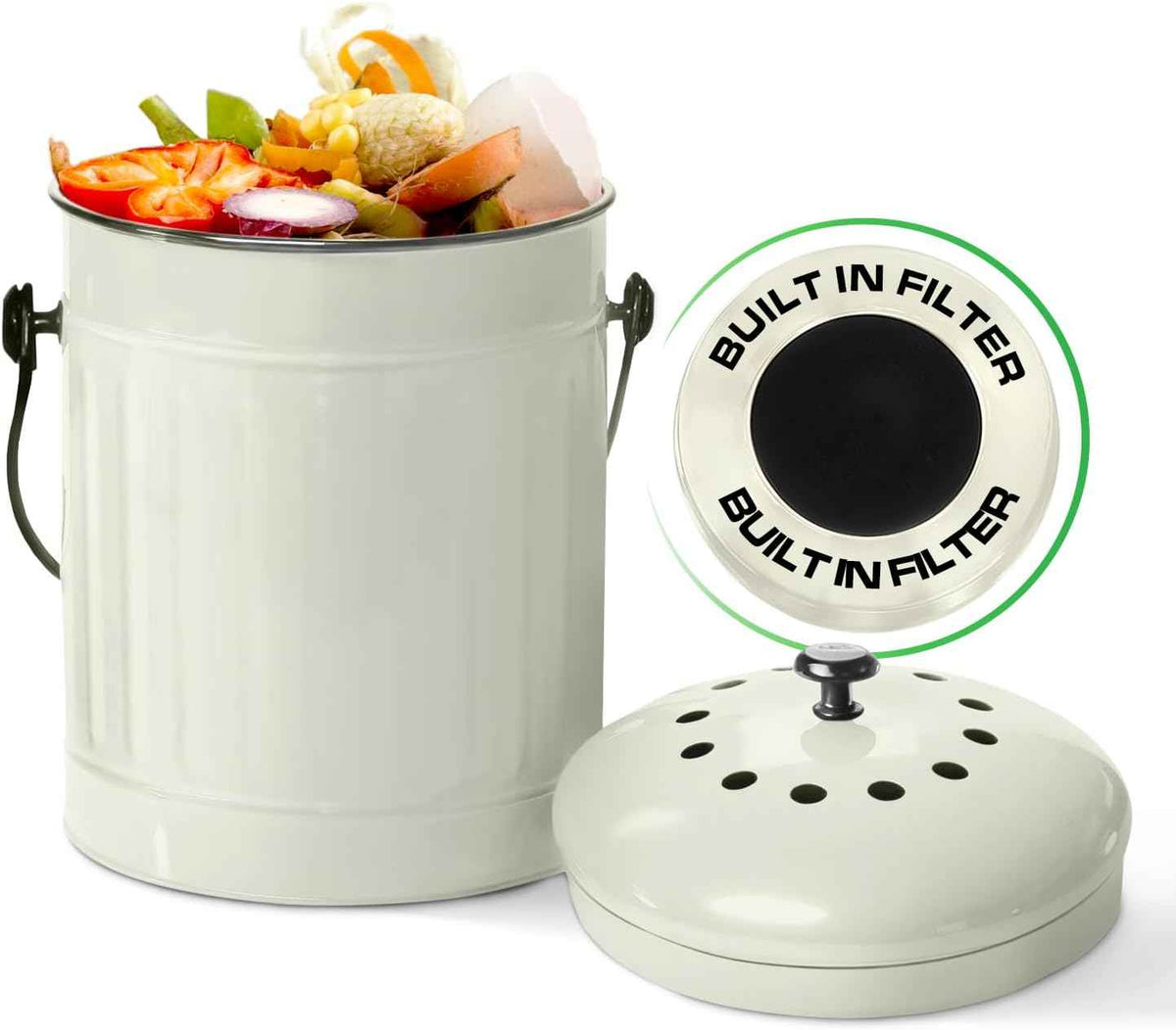 Plexon Countertop Compost Bin Kitchen Indoor with Lid, Off-White 1.5 Gallon Odorless Container, Steel Food Compost Bucket for Kitchen with Charcoal Filter, Compost Pail Countertop