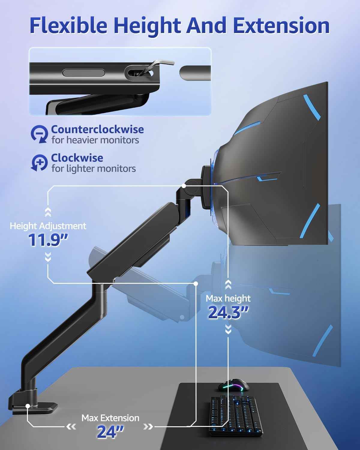 MOUNTUP Heavy Duty Monitor Arm, Single Monitor Mount for 57" Ultrawide Monitor, Supports 4.4–66 lbs, Large Monitor Arm with Full Motion Adjustment, Monitor Stand for Desk, Max VESA 100x100mm