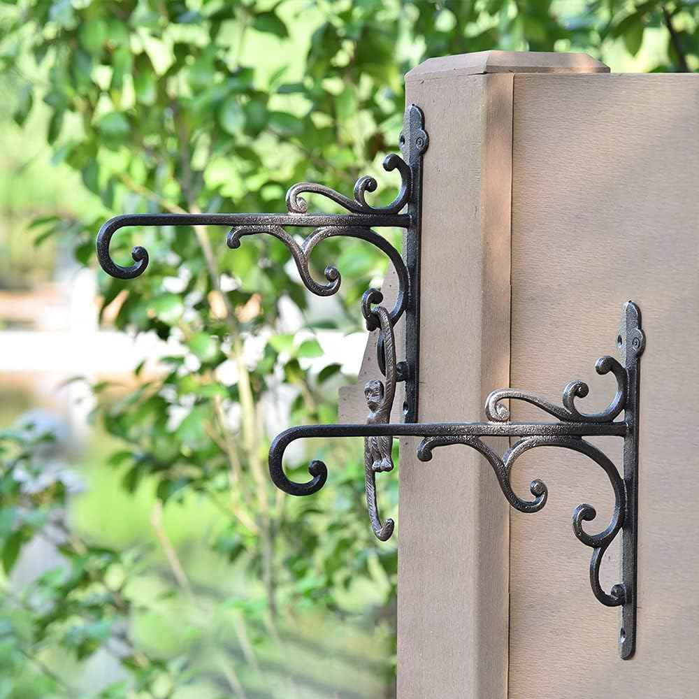 Sungmor Cast Iron Wall Hook Plant Hangers - Home & Garden Heavy Duty Hanging Bracket Plant Hooks - 2PC BLACK Decorative Wall Mount Hooks for Hanging Planter Pot Bird Feeder Birdcage Lantern Wind Chime