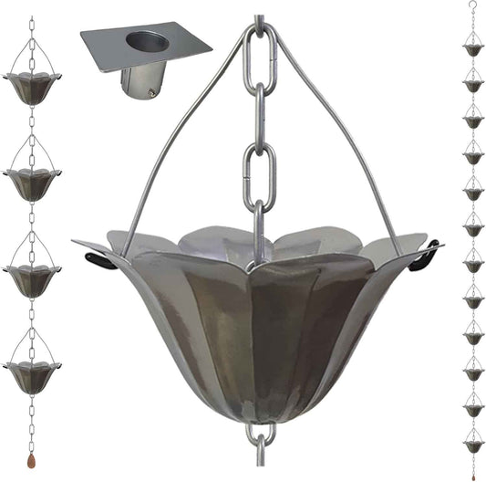 8.5FT Lotus Silver Color Iron Rain Chains for Gutter and Rain Barrel, Rust-Resistant Plated Garden Décor Rain Chain for Downspout, Bonus Rain Chain Gutter Adapter