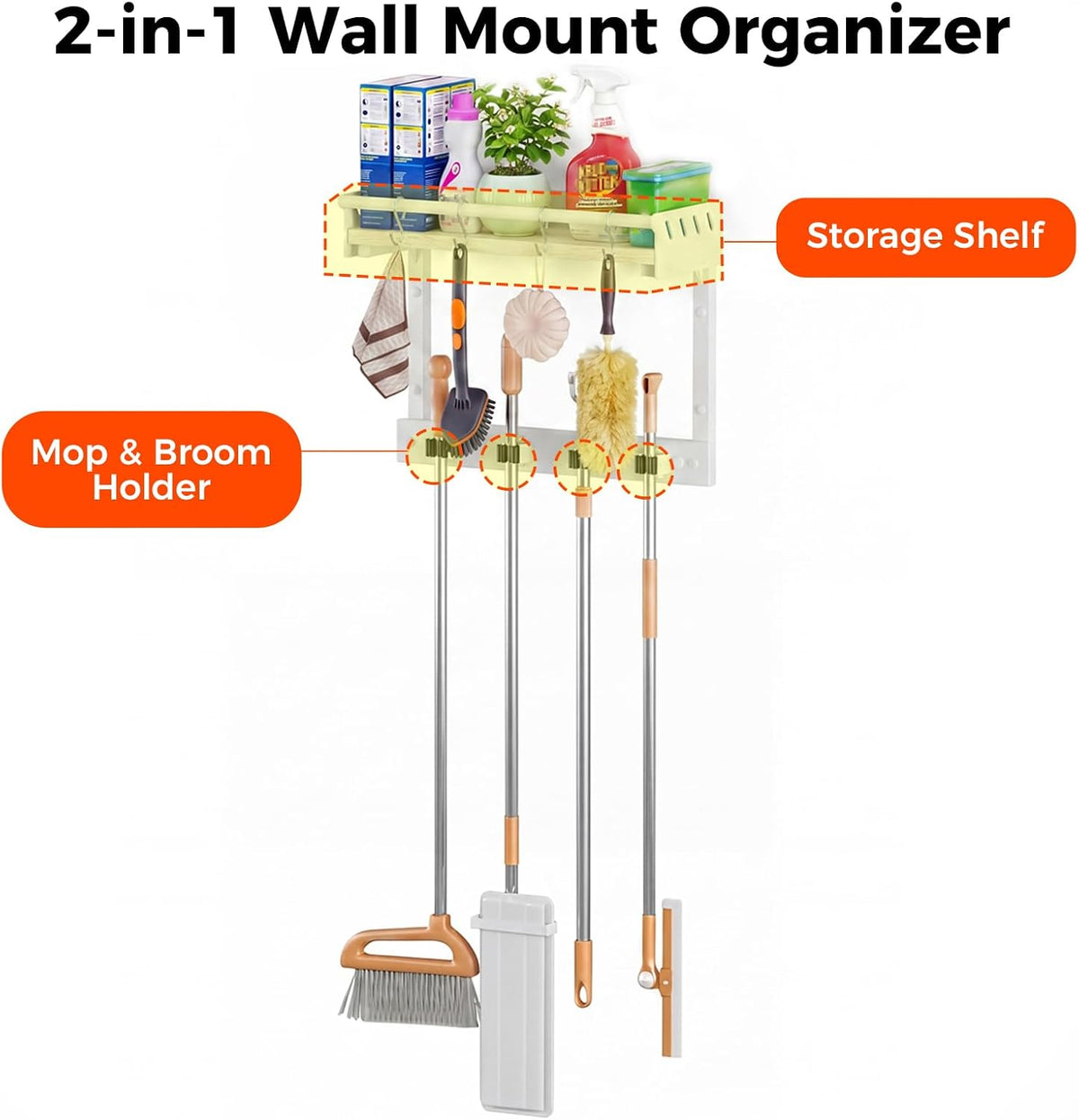 Broom Holder Wall Mount with Shelf – Broom Hanger with 4 Hooks – Broom Rack - Field & Nook