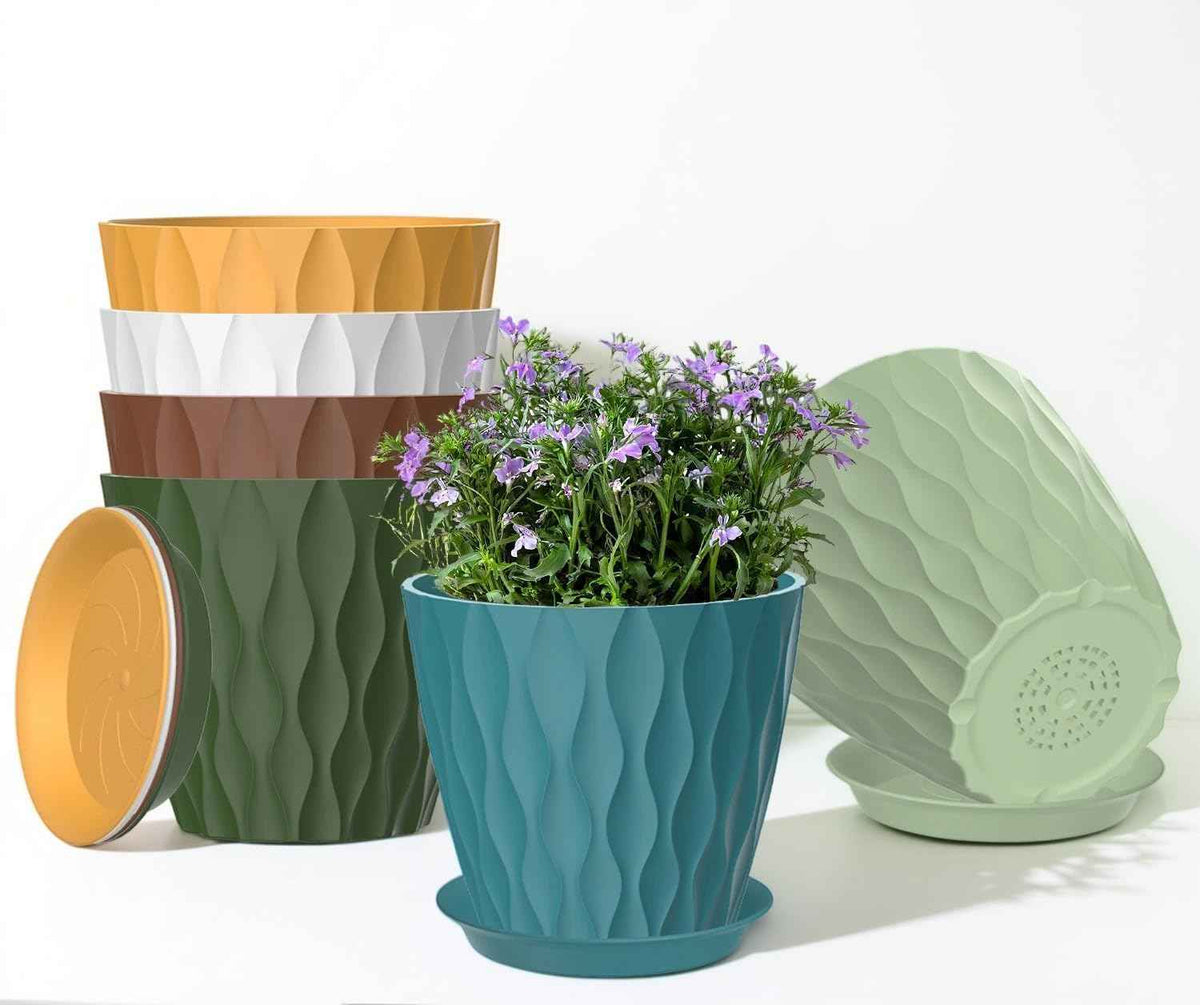 6 Pack 7 Inch Plant Pots with Drainage and Saucers, Multicolour Plastic Flower Pots for Indoor and Outdoor Plants, Stackable Nursery Planters for Houseplants and Herbs, Multicolour