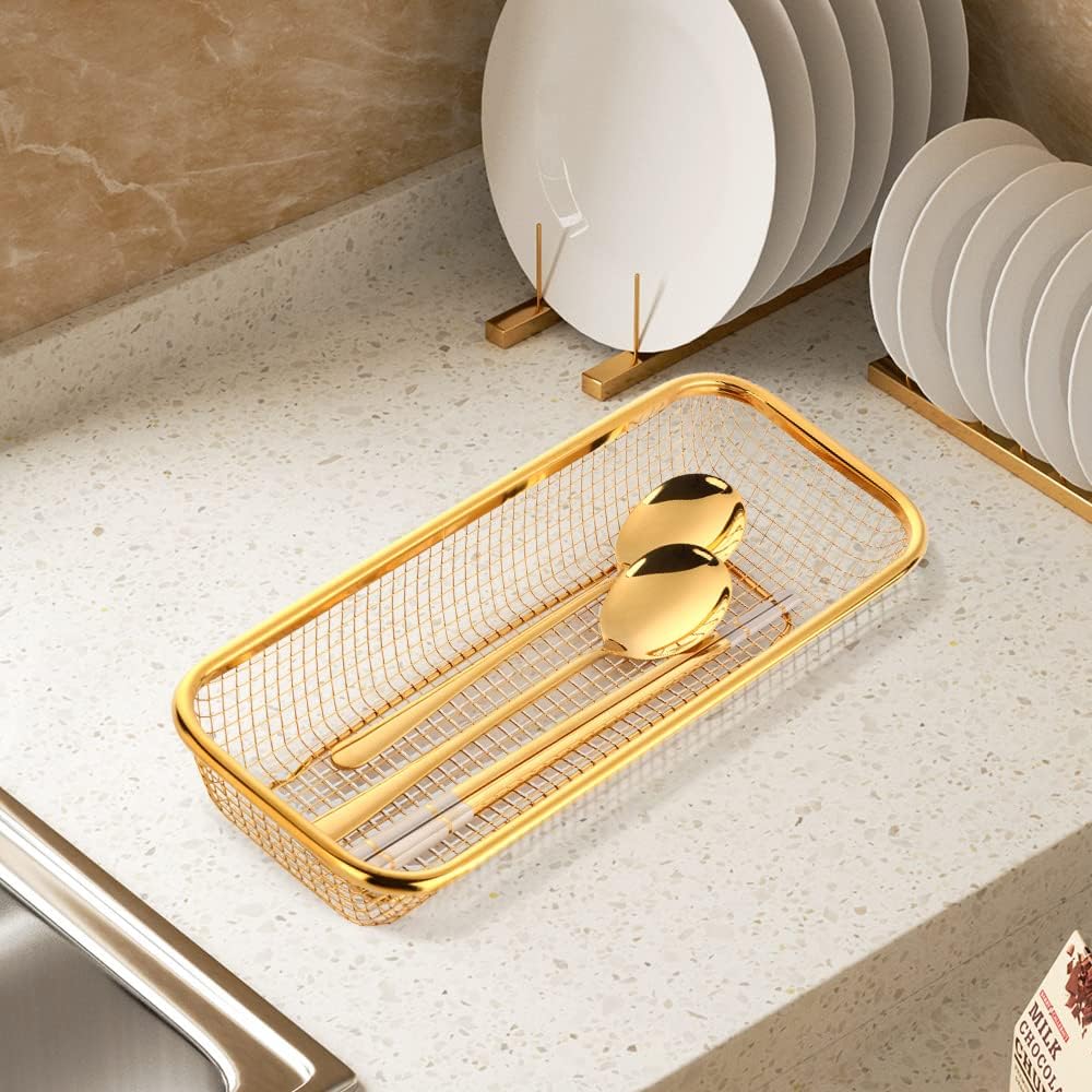 2pcs Stackable Mesh Flatware Drawer Organizer, Gold