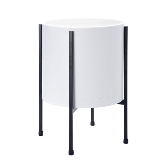 D'vine Dev 10 Inch White Planter Pot with Stand – Modern Plastic Cylinder Flower Pot with Heavy-Duty Metal Stand for Indoor Plants, 55-D-A-2