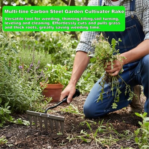 Iron Rake for Weeding, Garden Metal Rake Heavy Duty with 5 Tines