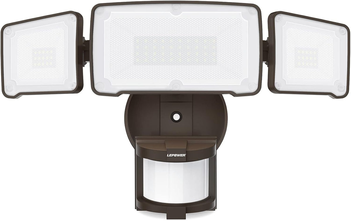 LEPOWER LED Security Light Motion Sensor Light Outdoor, 38W 4200LM Motion Security Light, 5500K, IP65 Waterproof, 3 Head Motion Detected Flood Light for Garage, Yard, Porch (Not Solar Powered, Brown)