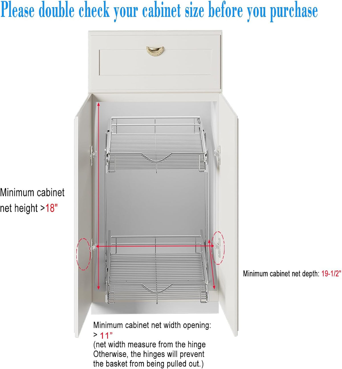 DINDON 2 Tier Pull Out Cabinet Organizer (11" W x 18" D) Heavy-Duty Metal Sliding Drawer Shelf, Two Tier Pull Out Shelves for Kitchen Cabinets, Pantry, Bathroom, Chrome Finish - Field & Nook