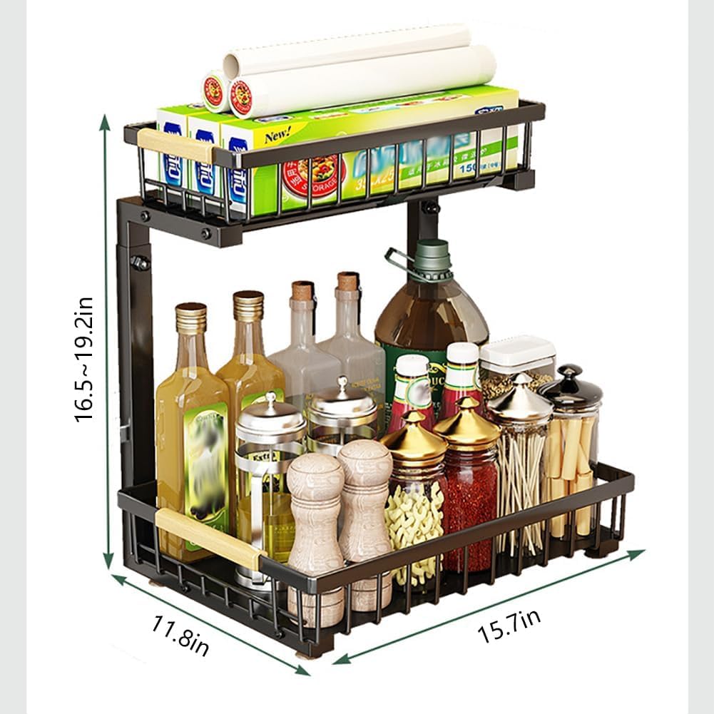 Takywep 2 Tier Pull Out Cabinet Organizer, Adjustable Under Sink Slide Out Shelf with L-Shape Design, Metal Storage Basket for Kitchen, Bathroom Counter Organization - Field & Nook