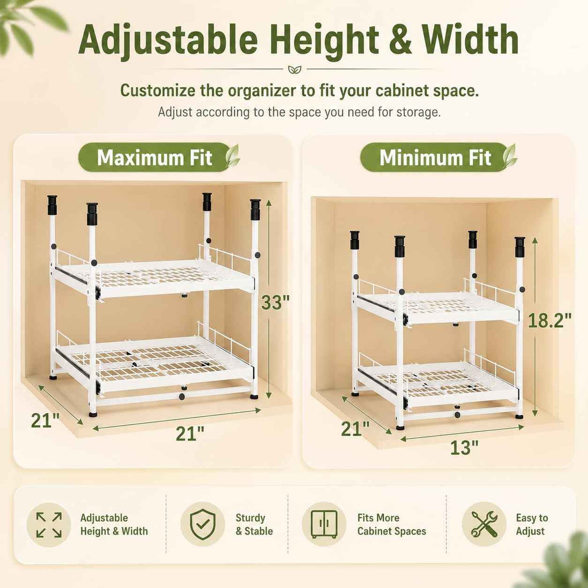 Expandable 2-Tier Pull-Out Cabinet Organizer, 13"-21" W, White
