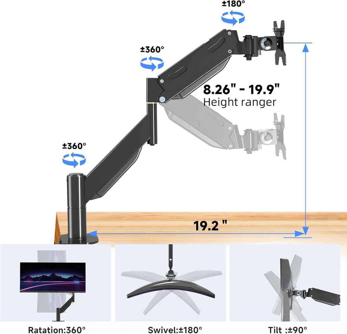 Pholiten Heavy Duty Monitor Arm for up to 49 inches | Ultrawide Monitor Mount, Adjustable Gas Spring Arm, Clamp/Grommet Mounting Base