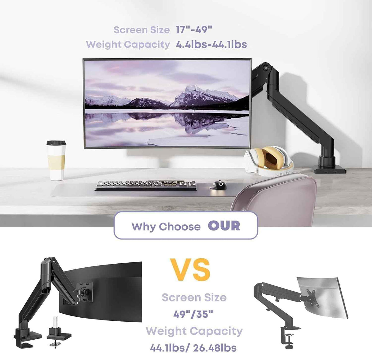 Heavy Duty Monitor Arm for Ultrawide Screens up to 49 inch and 39.6lbs, Premium Aluminum Single Desk Mount Stand with Gas Spring, VESA 75x75/100x100