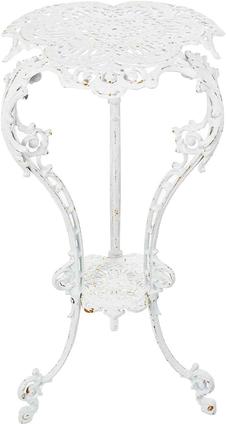 Sungmor Heavy-duty Cast Iron Plant Stand Patio Side Table, 15.3" Wide 27.5" Tall 2-layer Potted Pedestal, Vintage Rust White Planter Holder, Elegant Victorian Style Indoor Outdoor Decorative Pot Stand