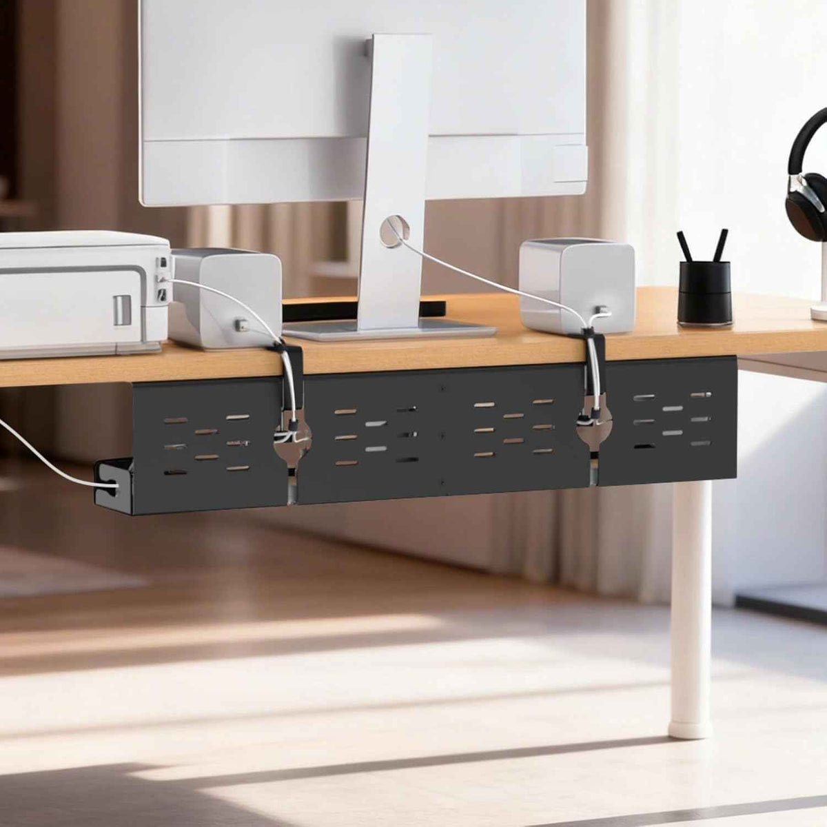 32-Inch Under-Desk Cable Tray – Dual-Mount Steel Cord and Power-Strip Organizer, Black
