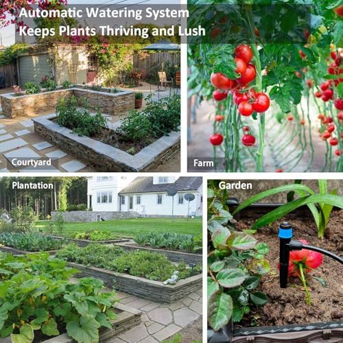 64FT Drip Irrigation Kit with Garden Timer Plant Watering System with Tubing Gushing Nozzles and Water Timer, Quick Connector Kits Easy to Assemble