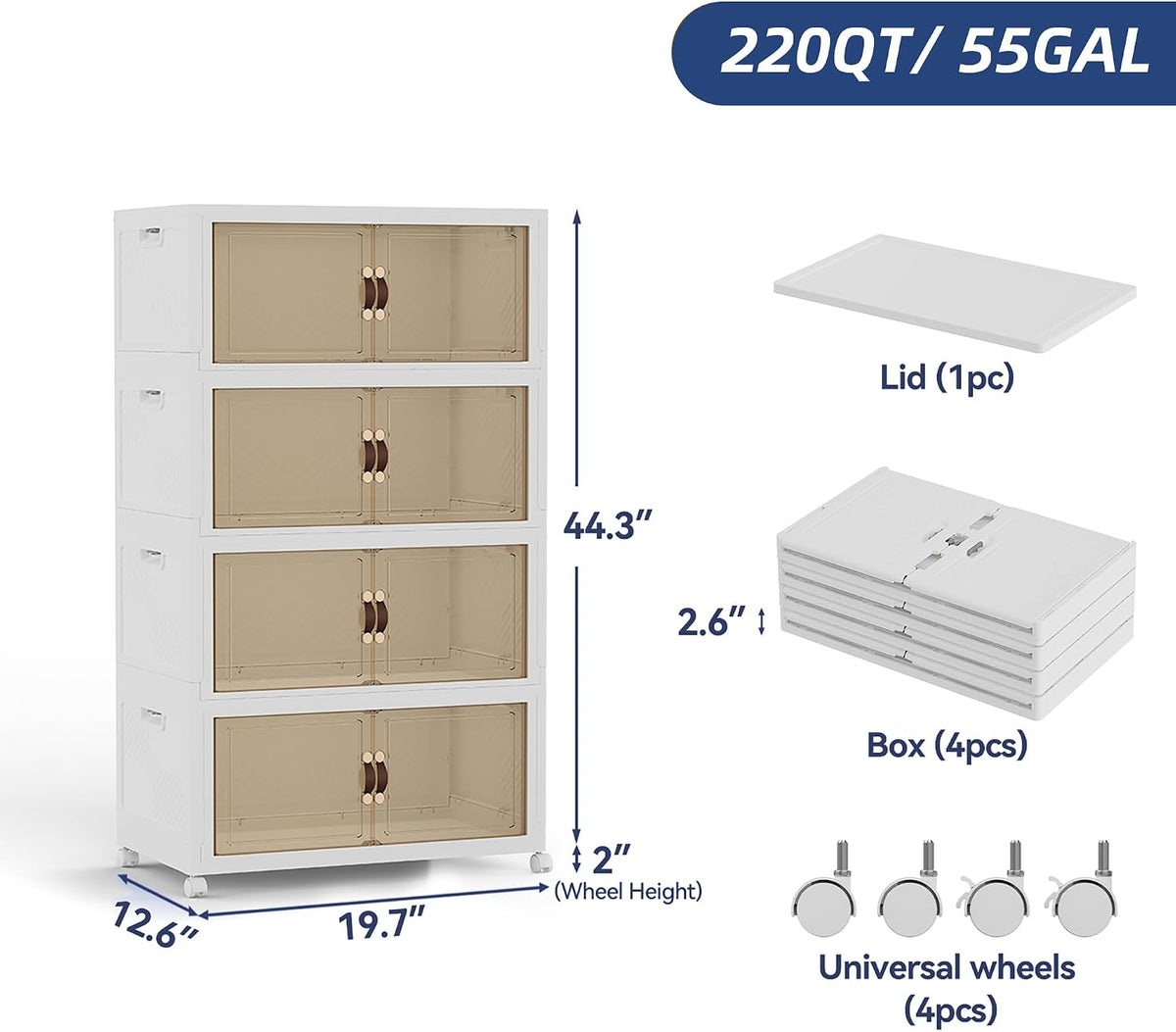 SAILUN 190QT/47Gal Stackable Storage Bins with a Lid, Collapsible Storage Bins With Doors, Folding Cabinet for Home Closet Organization,4 Pack-19.7" W x 12.6" D x 44.3" H White - Field & Nook