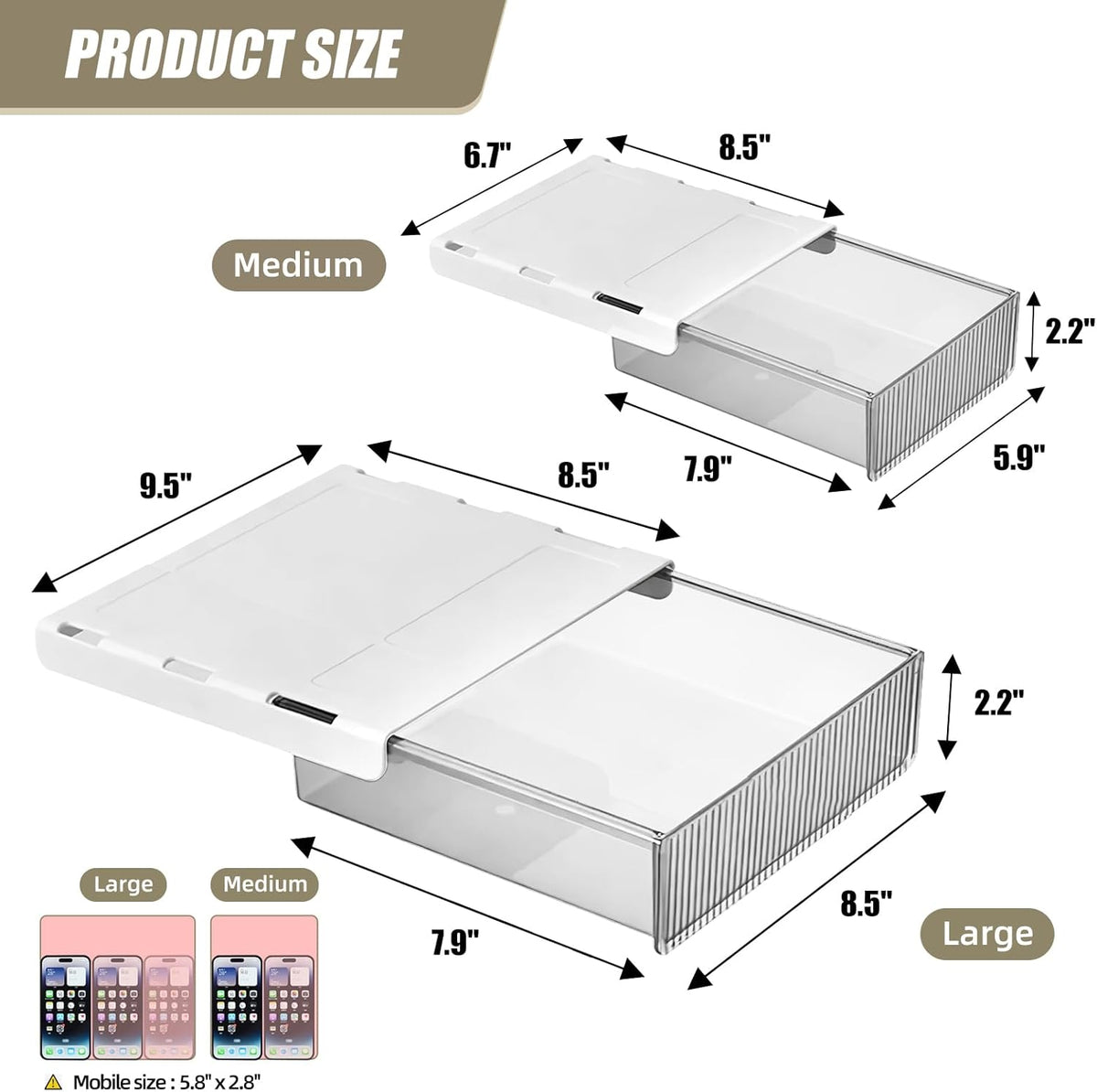 2Pcs Under Desk Storage Drawers Slide Out,Large&Medium,Stick On Drawers,Under Desk Organizer Hidden Under Table Drawer for Home Office School Organization and Storage-Clear White - Field & Nook