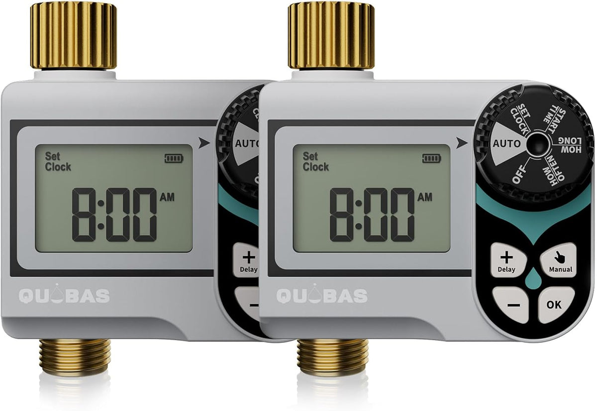 [2 Pack] QUOBAS Low Pressure Water Timer for Garden Hose, Automatic Sprinkler Timer with Brass Inlet & Outlet, Rain Delay/Manual Watering/Automatic Watering System for Yard, Lawn, and Rain Barrel