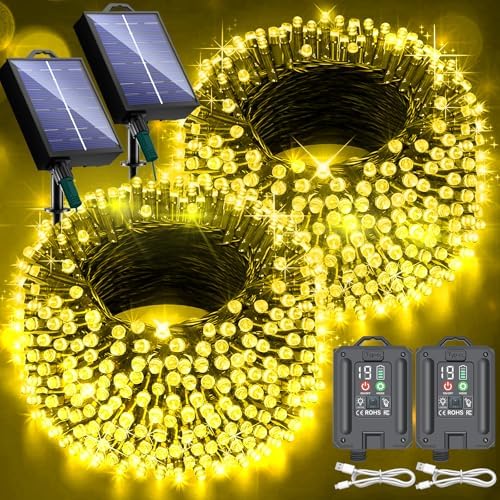 New Upgraded Solar Christmas String Lights Outdoor Waterproof 2 Pack Total 144ft 400 Led Solar & USB Rechargeable 19 Modes Christmas Tree Lights for Outdoor Indoor Yard Xmas Decorations, Warm White
