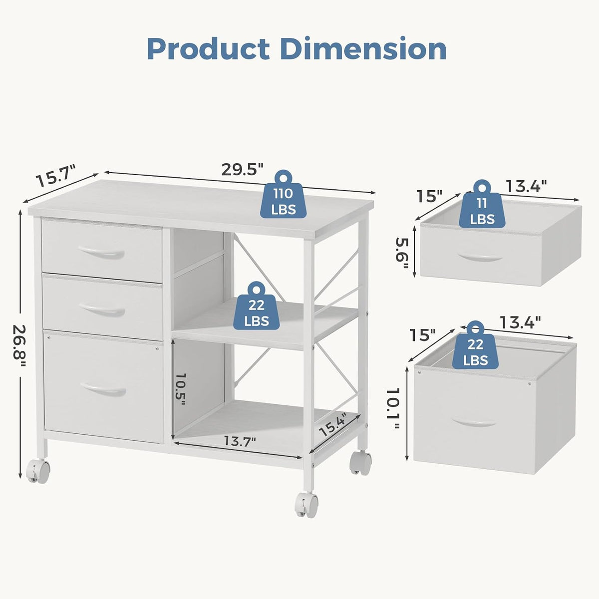 DUMOS 3-Tier Mobile File Cabinet, Rolling Printer Stand with Storage | Fabric Lateral Filing Cabinet fits A4/Letter Size, Under Desk Drawer Cabinet, Printer Cart for Home Office, White - Field & Nook