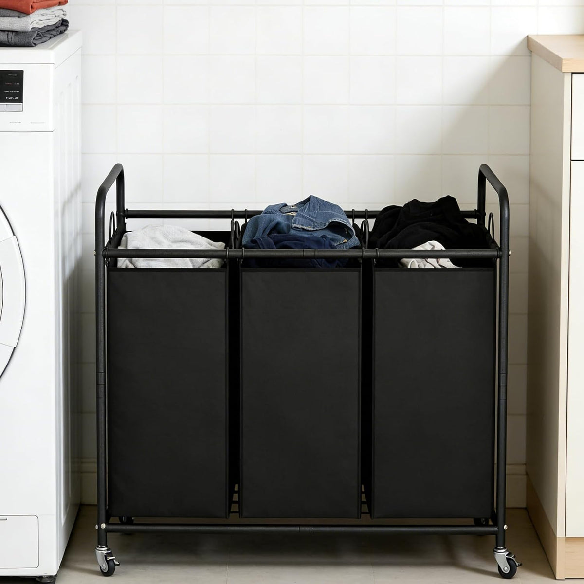 135L 3-Section Rolling Laundry Hamper – Black - Field & Nook