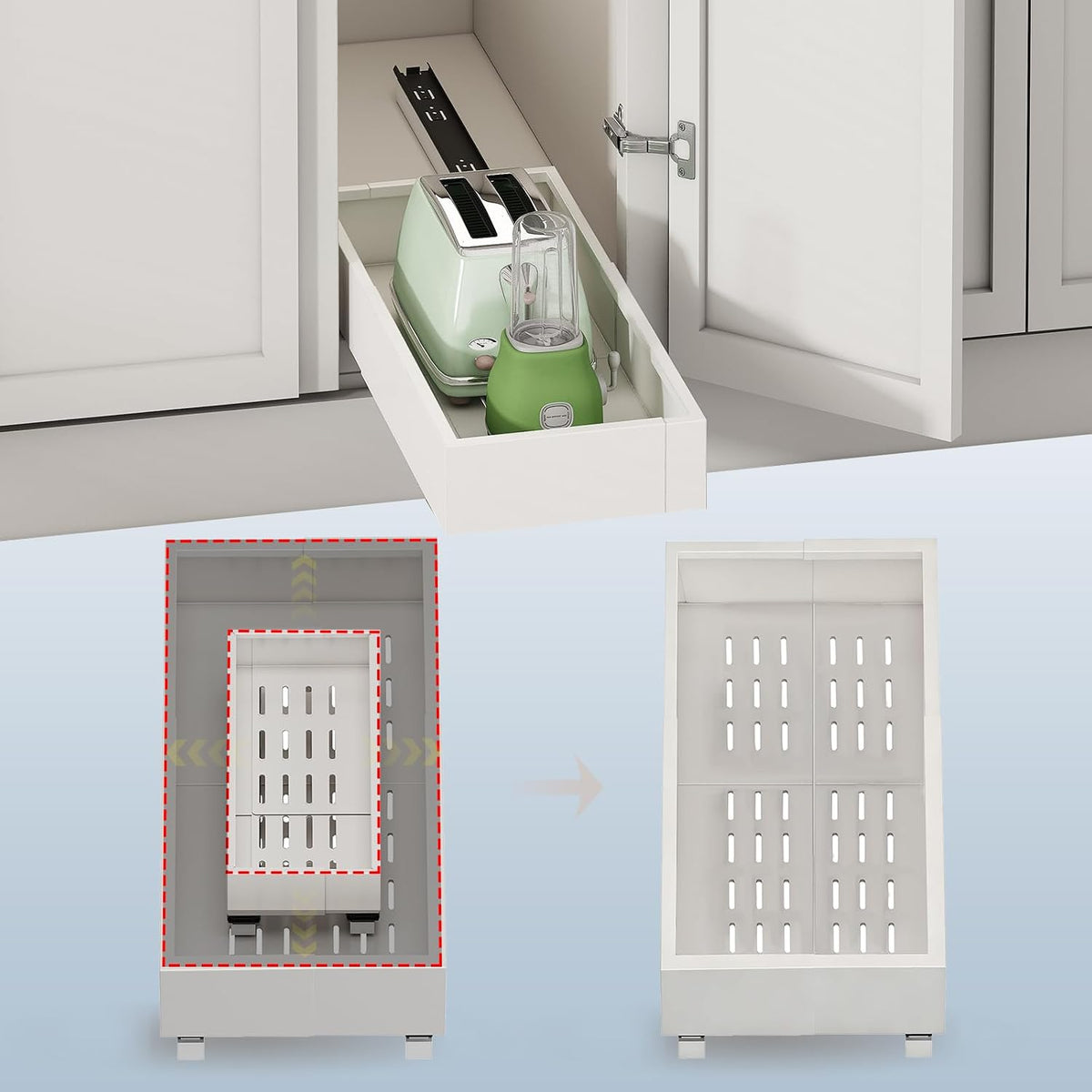 Fokyfok Pull out Cabinet Organizer,7"-11"W, 17"-24"D,Expandable,Adhesive | No Drill,Roll out Drawers,Adjustable Slide out Shelves for Kitchen,Pantry,Framed and Framless Cabinets,White,1PC - Field & Nook
