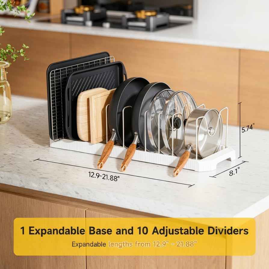 MUDEELA Expandable Pot and Pan Organizer, 10 Dividers, White