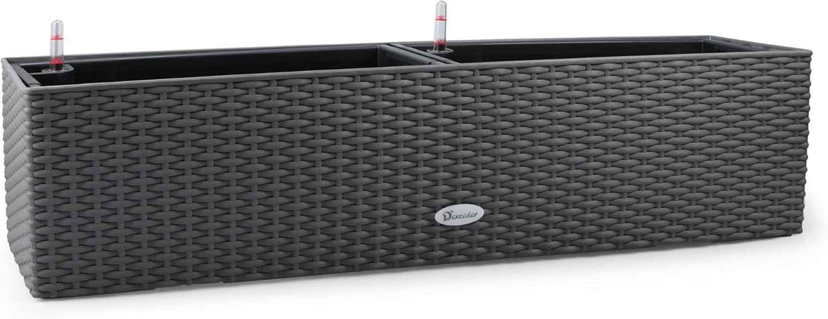 Dexceder 31.5 Inch Rattan Self Watering Planter Indoor Outdoor, Thickened Large Rail Flower Plant Pot Window Box with Water Level Indicators (Deep Gray)
