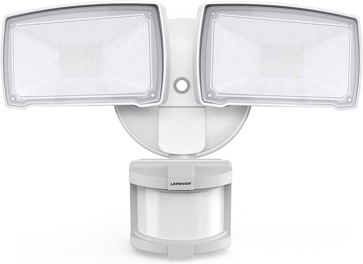 LEPOWER LED Motion Sensor Security Lights Outdoor, 30W 3200LM, 5500K, IP65 Waterproof, 2 Head Motion Detector Flood Light for Garage, Yard, Porch, White (NOT Solar Powered)