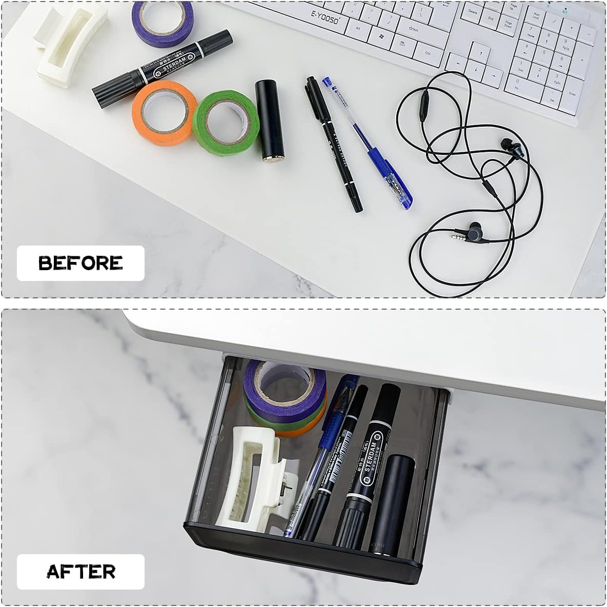 1 Pcs Under Desk Drawer, Under Table Hidden Organizer, Plastic Self-adhesive Slide out Under Desk Storage Drawer for Office Dresser Home School Stationery Kitchen (Black) - Field & Nook