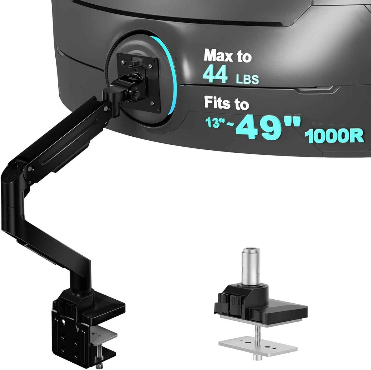 WALI Heavy Duty Monitor Arm for 13-49 inch 1000R Curved Screens，up to 44lbs | Ultrawide Monitor Desk Mount，Full Motion with Tilt, Swivel, Rotation, C-Clamp & Grommet Base, VESA 75/100mm (GSM001XL), Black
