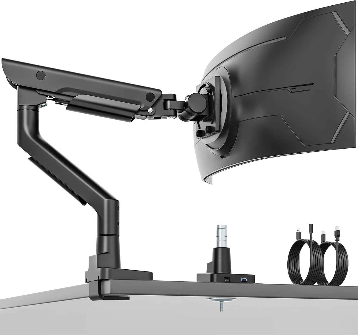 monTEK USB Monitor Arm for 17-57" Ultrawide, 59.4 lbs, Black | USB-A/C ports, pneumatic lift, quick-release VESA 75/100 plate, clamp/grommet bases and cable management