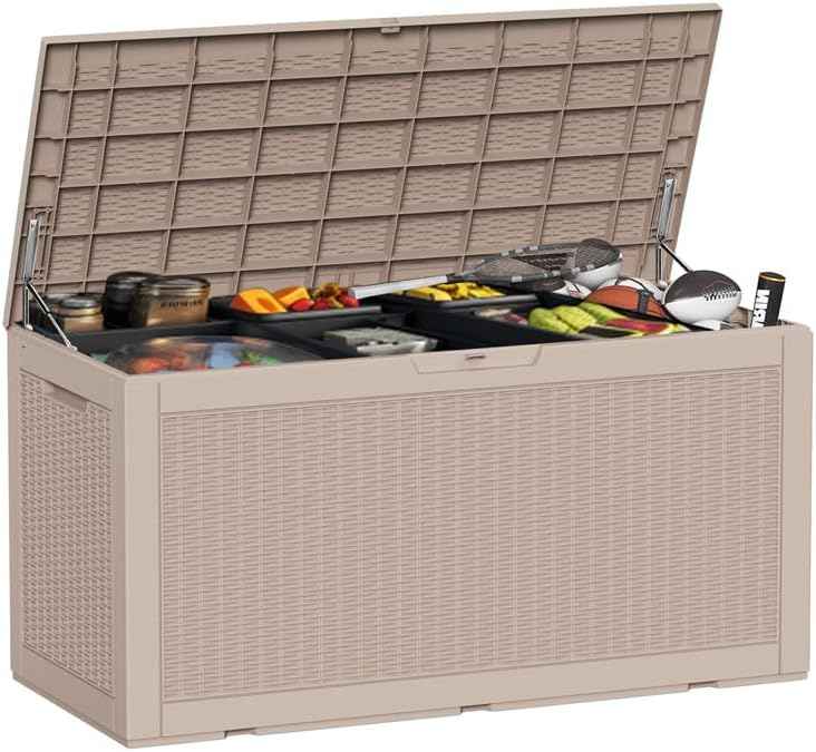 DRATO 100 Gallon Large Deck Box, Outdoor Storage Box for Patio Furniture, Patio Cushions, Gardening Tools, Pool Supplies,660lbs Weight Capacity,Waterproof Resin Storage Boxes